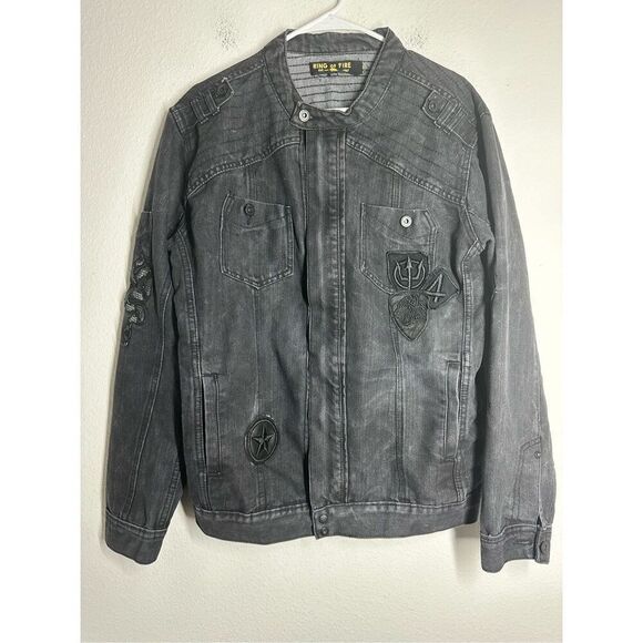 Ring of Fire Men's Black Zip Denim Jacket Size L - Picture 1 of 12